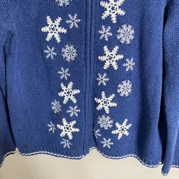 Vtg Croft & Barrow Snowflake Christmas Silk Full Zip Sweater Women's Small Blue - Picture 7 of 12